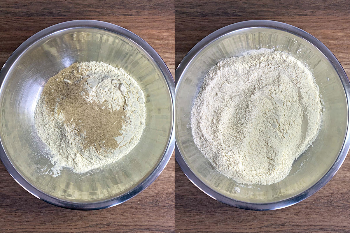 Two shot collage of a bowl of flour, yeast and salt, before and after mixing.