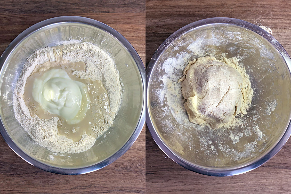Two shot collage of flour, yogurt and water in a bowl, first unmixed then formed into a ball of dough.