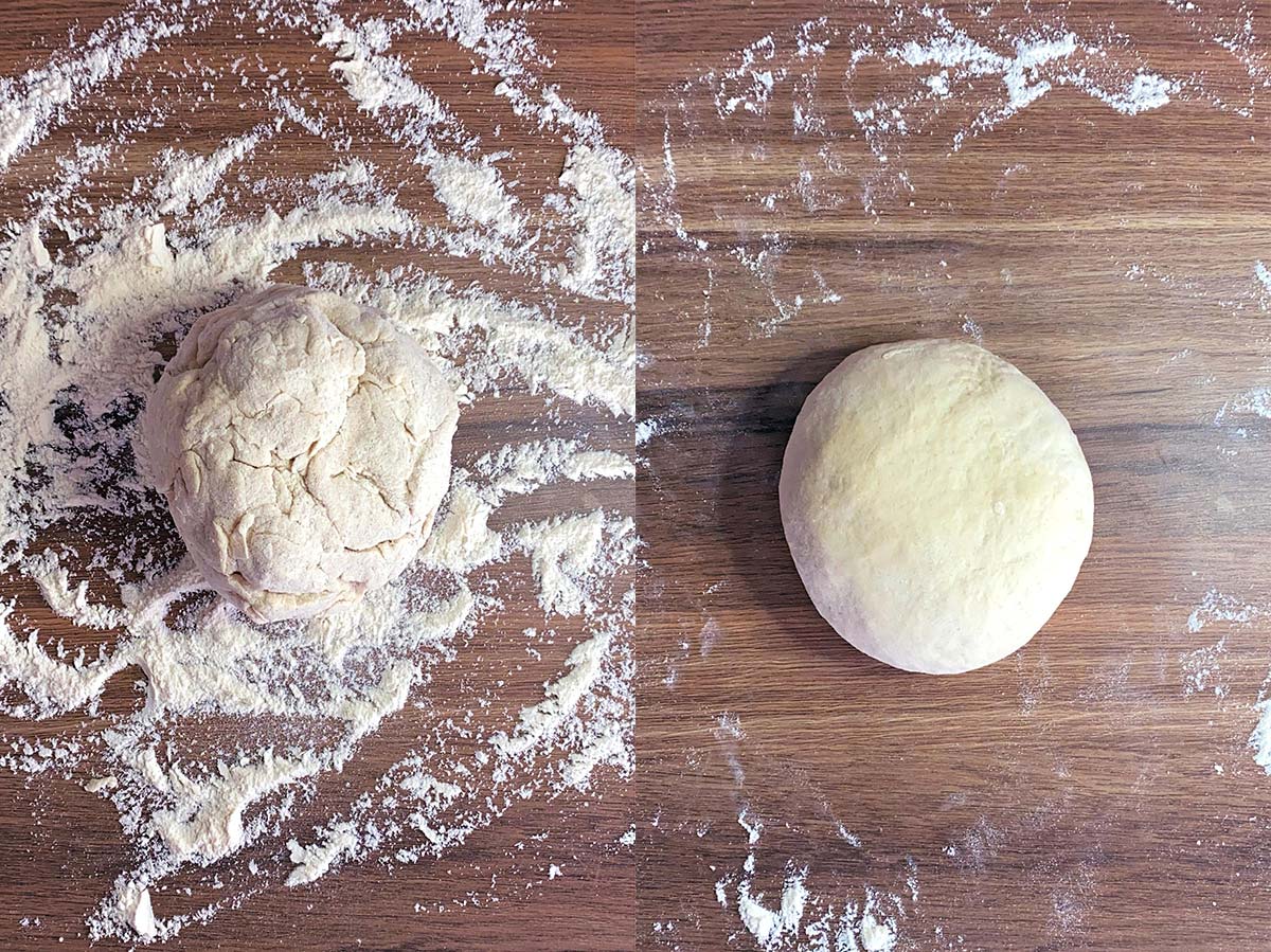 Two shot collage of a ball of dough on a floured work surface, before and after kneeding.