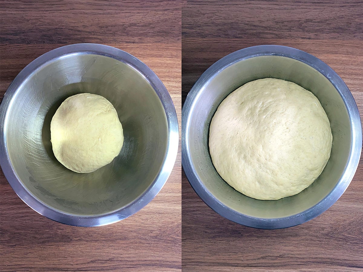 Two shot collage of a ball of dough in a metal bowl. First shot unproofed, second shot proofed.