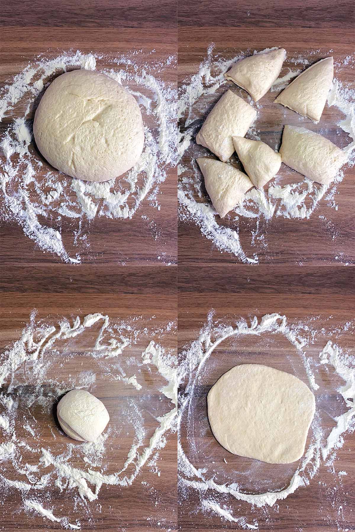 Four shot collage of a proofed dough on a surface, then cut into six pieces, then one piece rolled into a ball, then rolled out flat.