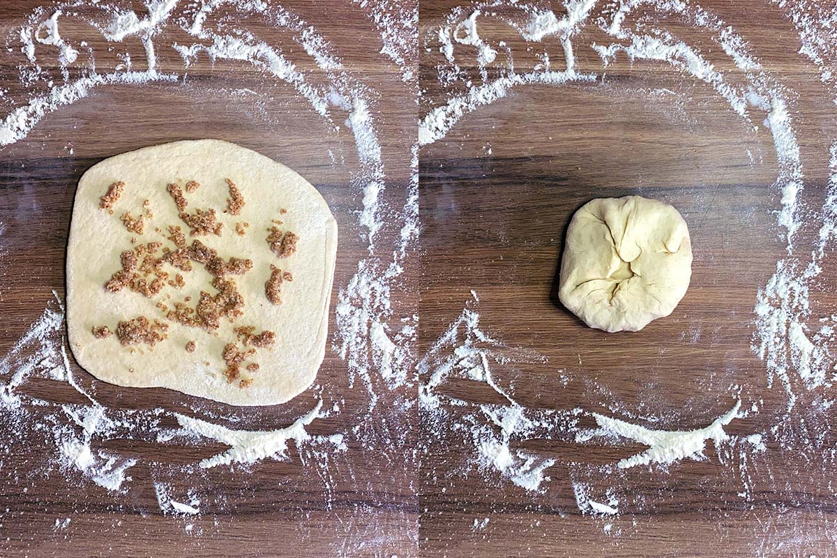 Two shot collage of a circle of dough with almond paste on it, then rolled into a ball again.