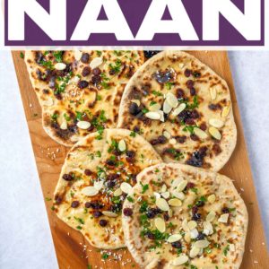 A board of Peshwari naan breads with a text title overlay.