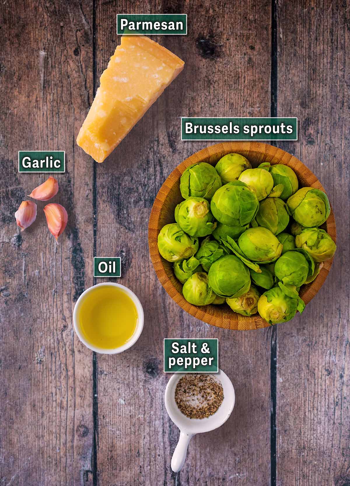 All the ingredients needed for this recipe with text overlay labels.