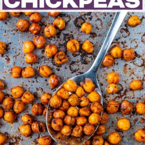 Roasted chickpeas with a text title overlay.
