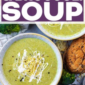 A bowl of cauliflower and broccoli soup with a title text overlay.