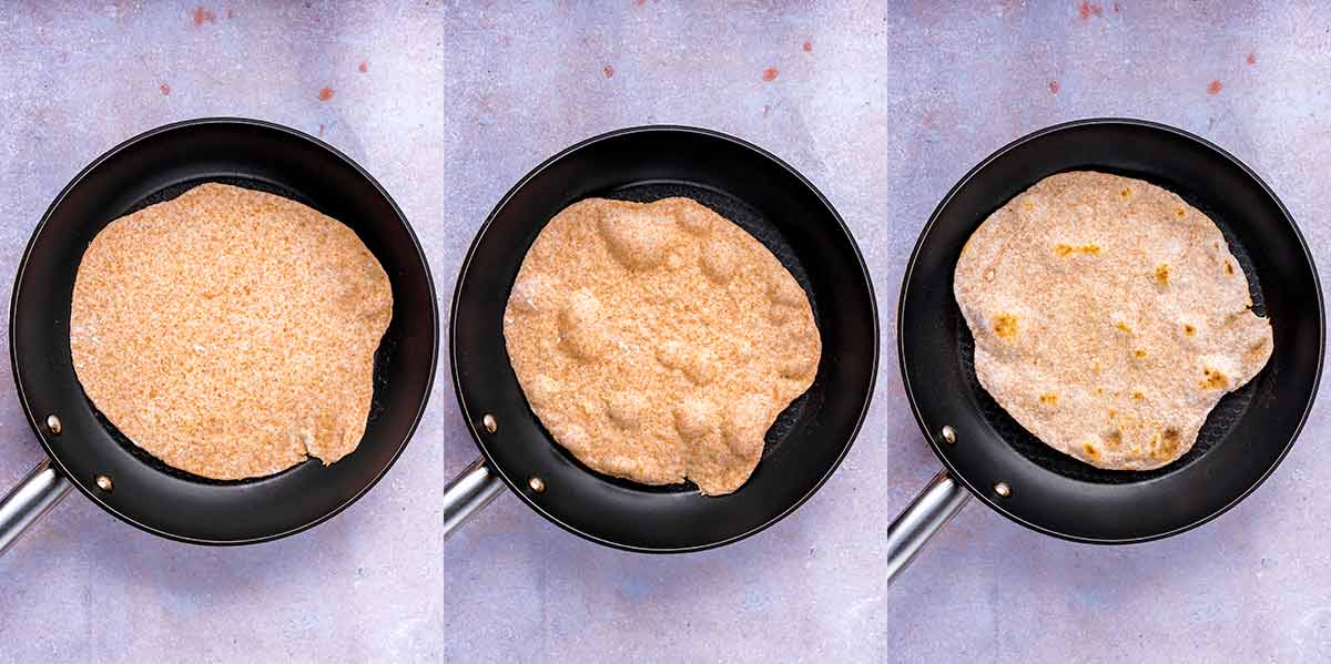 Three shot collage of a tortilla cooking in a pan, first flat, then with bubbles, then with charred bits.