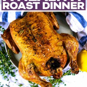 A healthy roast dinner with a text title overlay.