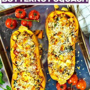 Two stuffed butternut squash halves with a text title overlay.