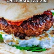 Spiced lamb burger with a text overlay title.