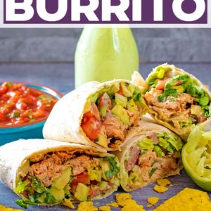 Salmon burritos stacked up with a text title overlay.
