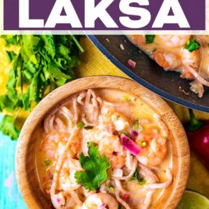 A bowl of prawn laksa with a text title overlay.