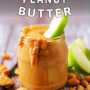 Homemade peanut butter with a text overlay title.