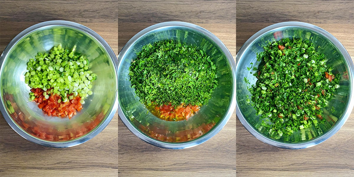 Three shot collage of onions, tomatoes, cucumber and parsley in a bowl, before and after being mixed.