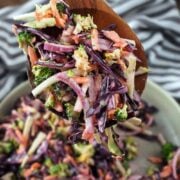 Broccoli slaw with a text overlay title.