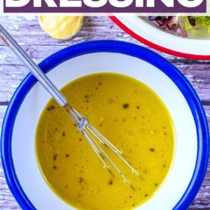 A bowl of honey mustard dressing with a text title overlay.