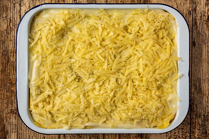 Grated cheese and white sauce spread over lasagna sheets.
