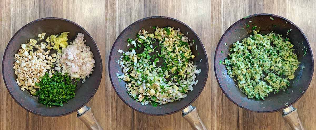 Three shot collage of chopped mushrooms, spinach and shallots frying in a pan.