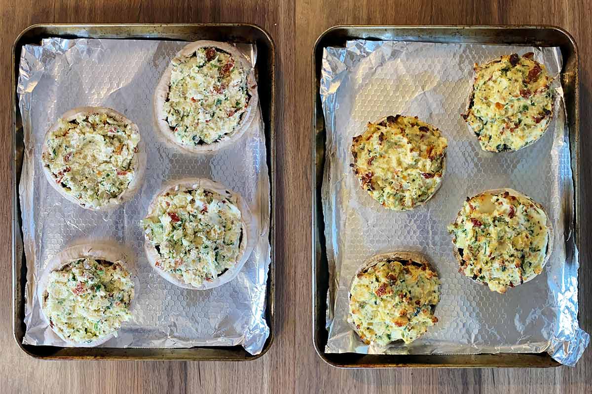 Two shot collage of four stuffed mushrooms on a baking tray, before and after cooking.
