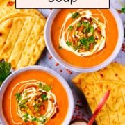 Carrot and lentil soup with a text overlay title.