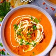 Carrot and lentil soup with a text overlay title.