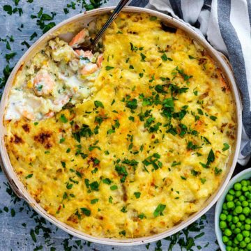 Healthy Fish Pie in a large round baking dish.