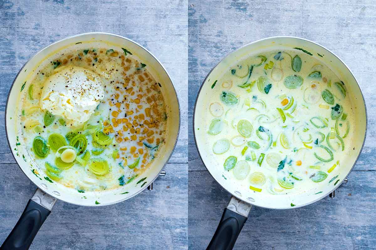 Two shot collage showing a pan containing milk, sweetcorn, leeks and cream cheese, before and after mixing.
