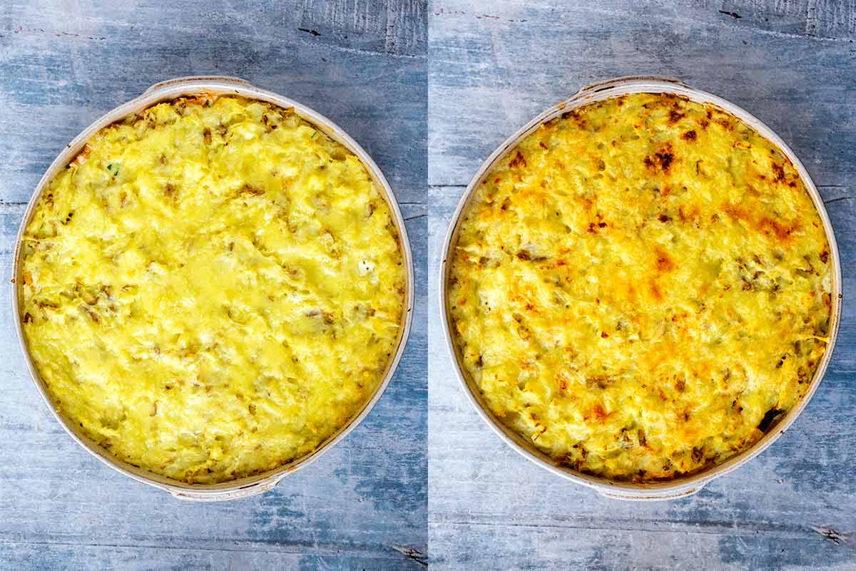 Two shot collage showing cooked fish pie with melted cheese on top then with the cheese browned.