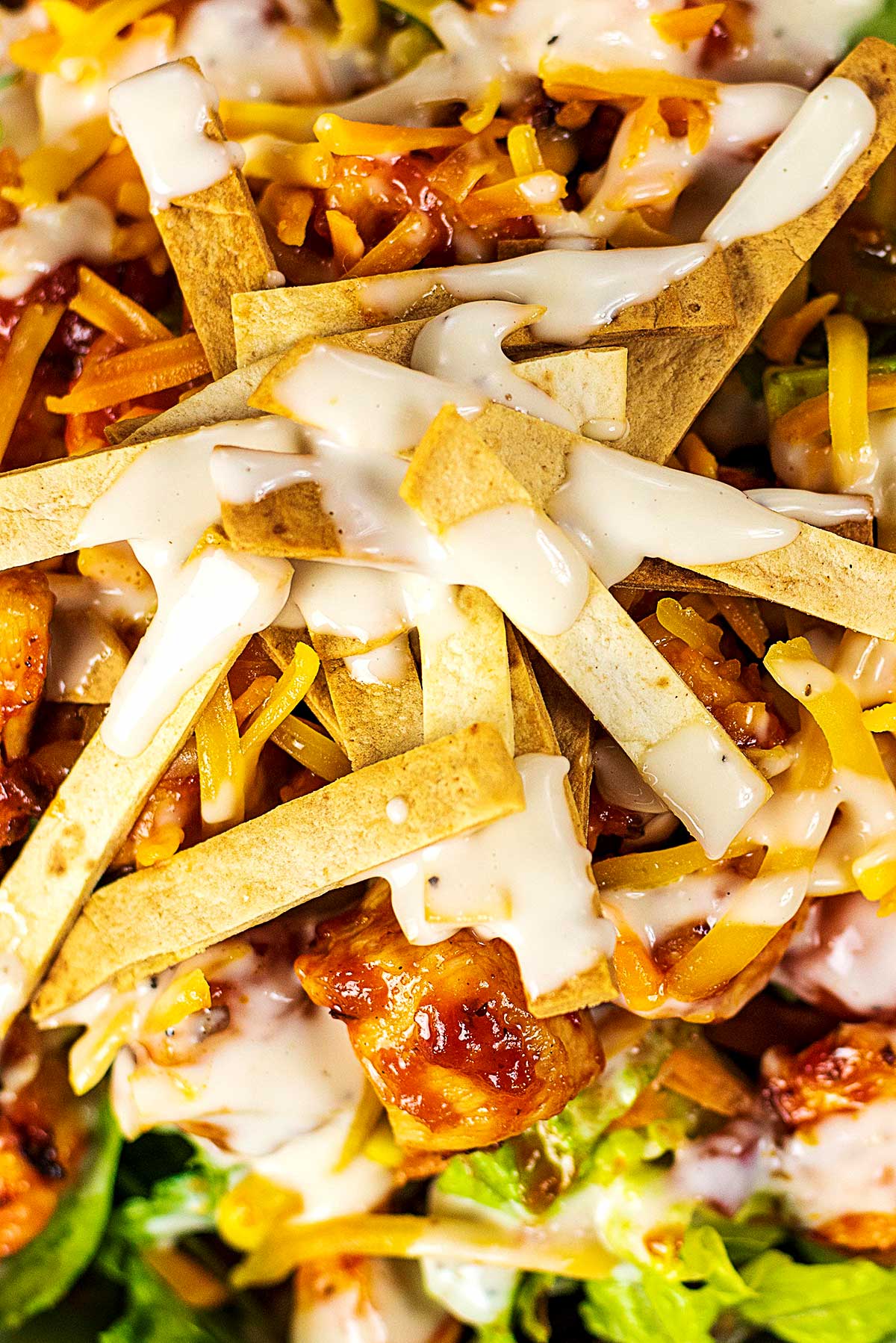 Strips of crispy tortilla on top of a salad with ranch dressing drizzled over.