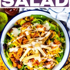 BBq Chicken Salad in a bowl with a text title overlay.