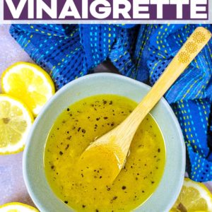A small bowl of lemon vinaigrette with a text title overlay.