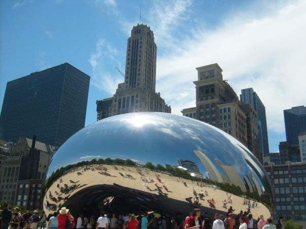 People stood looking at the Chicago Bean.