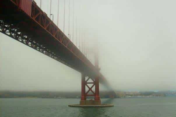 The Golden Gate Bridge in the fog.