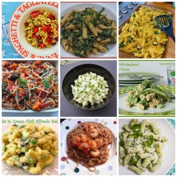 Nine photo collage of healthy pasta dishes