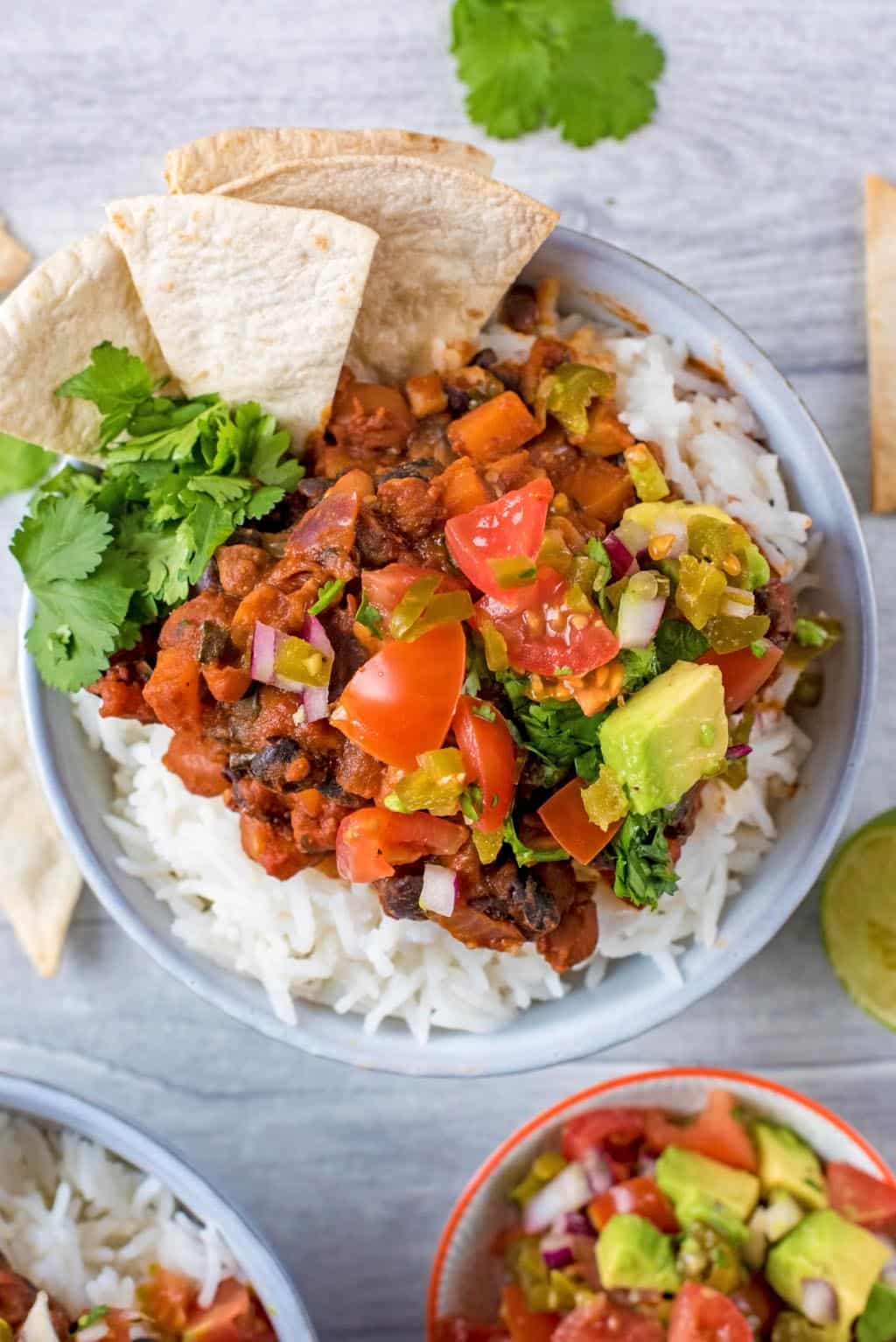 Bean Chilli and rice in a bowl.