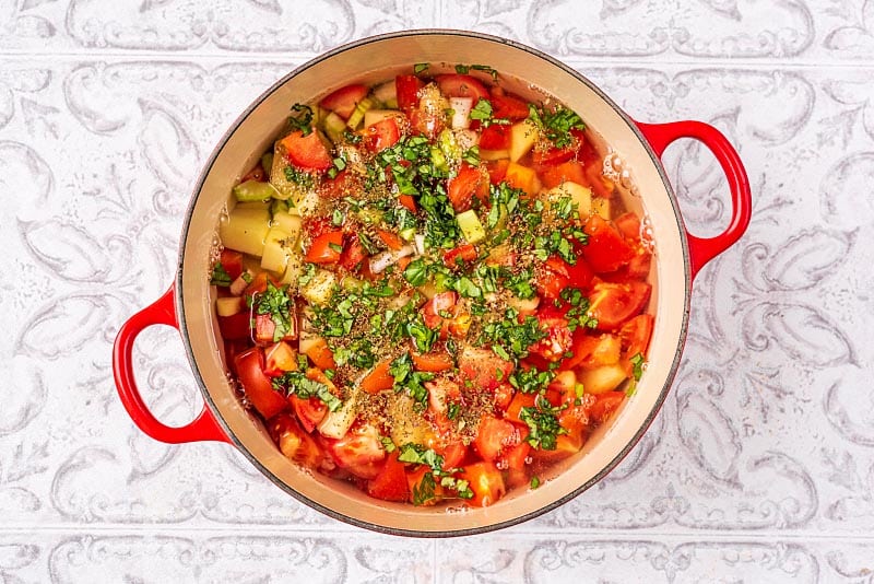 A large red pot containing chopped vegetables, water and herbs.