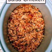 Slow cooker salsa chicken with a text overlay title.