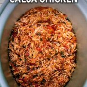 Slow cooker salsa chicken with a text overlay title.