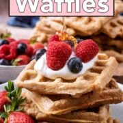 Banana oat waffles with a text overlay title.