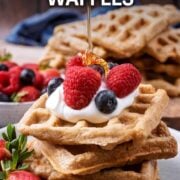 Banana oat waffles with a text overlay title.