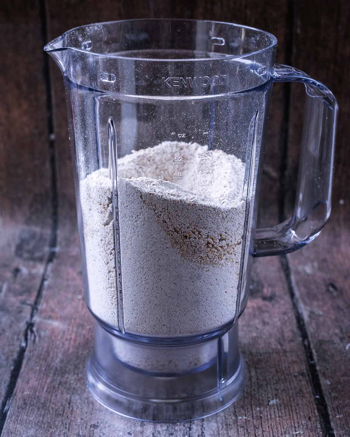 Blended oat flour in a blender jug.