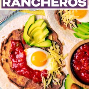 Two portions of huevos rancheros with a text title overlay.