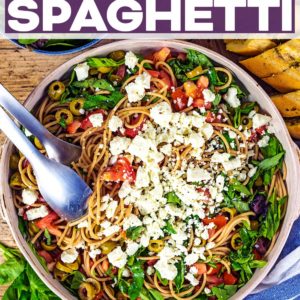 A large bowl of Greek Spaghetti with a text title overlay.
