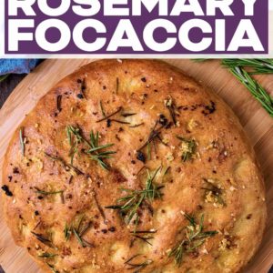 Garlic and rosemary focaccia with a text title overlay.