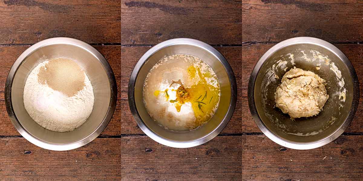 Three shot collage of flour, yeast and oil in a bowl, then mixed into a dough.
