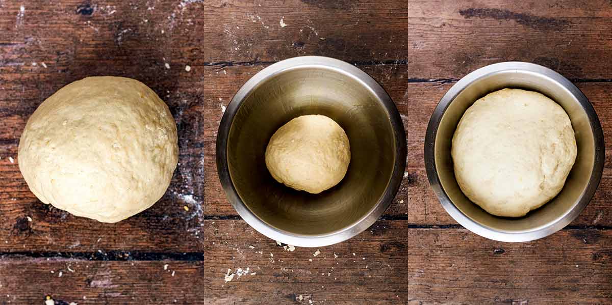 Three shot collage of a kneaded ball of dough, then the dough in a bowl, then the dough doubled in size.