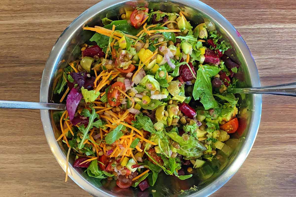 Dressed and mixed salad in a bowl.