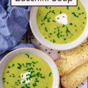 Creamy zucchini soup with a text title overlay.