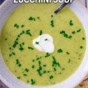 Creamy zucchini soup with a text title overlay.