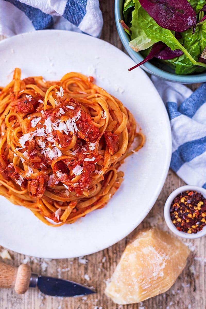 A plate of tagliatelle in an easy tomato pasta sauce.